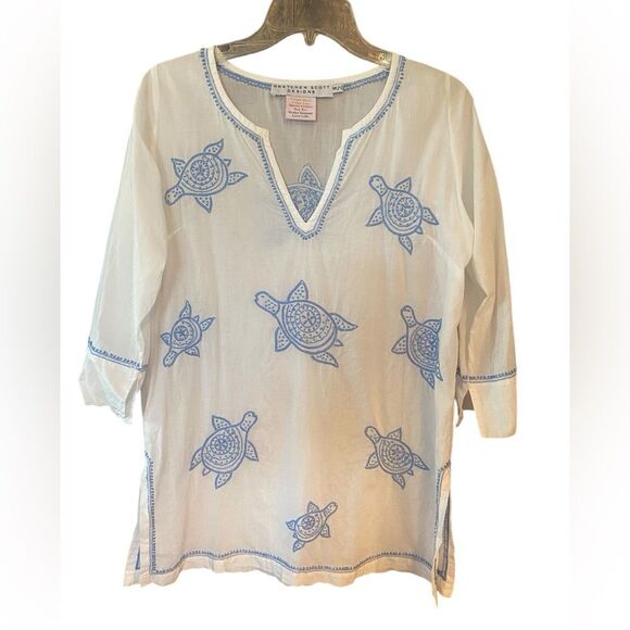 Gretchen Scott Sz S White Blue Turtle Print Cotton Light Summer Top - Picture 1 of 7
